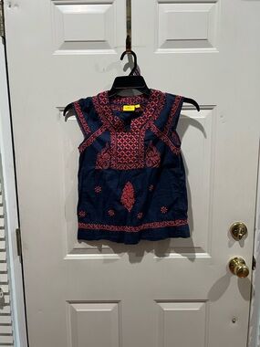Roller Rabbit Navy Blue Top with Coral Red Embroidery